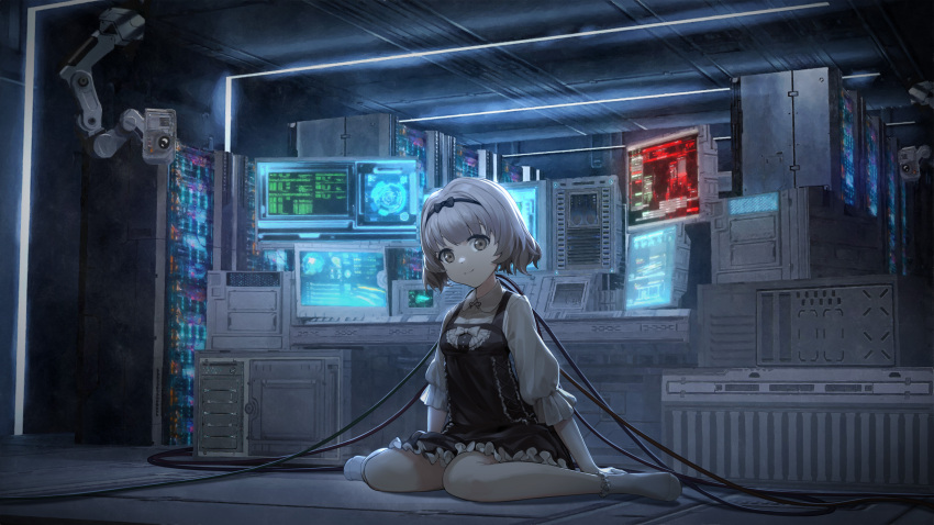 1girl absurdres android arm_support backlighting bangs black_bow black_dress blunt_bangs bow cable code curly_hair dress dress_bow female_child frilled_dress frilled_legwear frills full_body grey_eyes grey_hair hair_bow highres indoors long_sleeves looking_at_viewer monitor nanami_(punishing:_gray_raven) neck_ribbon no_shoes on_floor puffy_long_sleeves puffy_sleeves punishing:_gray_raven ribbon security_camera server shirt short_hair sitting smile socks solo wariza white_bow white_shirt white_socks wu_lun_wujin younger