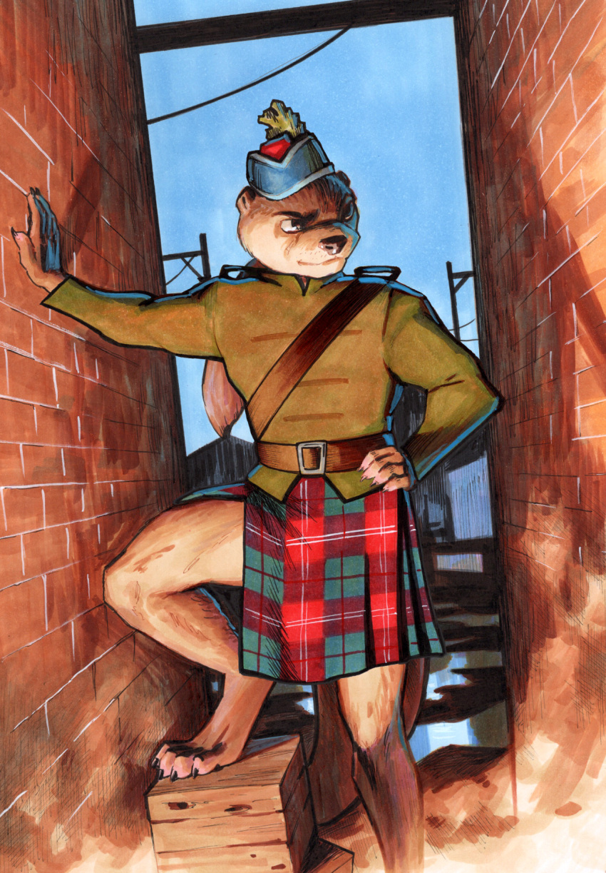 back_alley chisholm_tartan city city_background clothing dion_hamill hat headgear headwear hi_res kilt looking_aside looking_away lutrine male mammal mustelid plaid shirt topwear