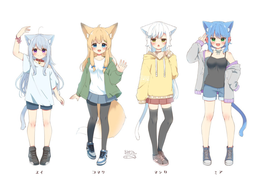 4girls :d animal_ears black_camisole black_pantyhose black_thighhighs blonde_hair blue_eyes blue_hair breasts camisole cat_ears cat_girl cat_tail expressionless fang fox_ears fox_girl fox_tail green_eyes hood hoodie jitome light_blue_hair long_hair long_sleeves medium_breasts michiru_donut miniskirt multiple_girls off_shoulder open_clothes open_hoodie original oversized_clothes oversized_shirt pantyhose pleated_skirt purple_eyes shirt short_hair short_shorts short_sleeves shorts skirt sleeves_past_fingers sleeves_past_wrists smile tail thighhighs white_hair white_shirt yellow_eyes zettai_ryouiki