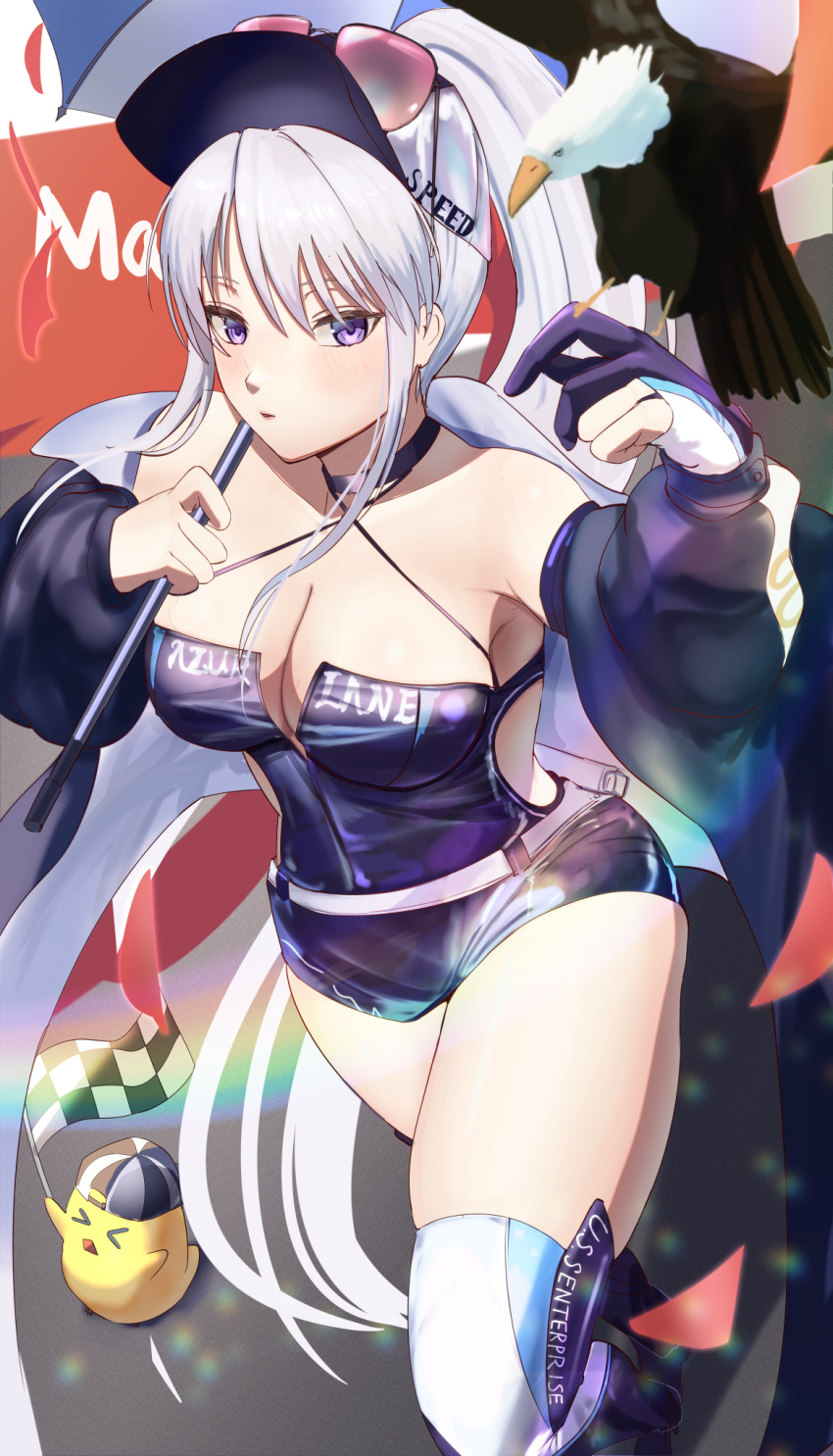 1girl azur_lane bangs bare_shoulders bird breasts cafenami checkered_flag choker cleavage closed_mouth dress eagle enterprise_(azur_lane) enterprise_(wind_catcher)_(azur_lane) eyewear_on_headwear feet_out_of_frame flag gloves hand_up highres holding holding_umbrella jacket jacket_pull light_blush lips long_hair looking_at_viewer manjuu_(azur_lane) medium_breasts official_alternate_costume open_clothes open_jacket partially_fingerless_gloves ponytail purple_choker purple_dress purple_eyes purple_gloves purple_headwear purple_jacket race_queen single_glove solo standing sunglasses thighhighs thighs umbrella white_hair