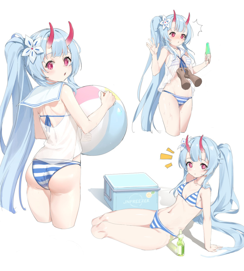 1girl 2t_(vmyz7342) ass ball bangs bare_arms beachball bikini blue_archive blue_hair blue_ribbon bottle breasts chise_(blue_archive) chise_(swimsuit)_(blue_archive) cropped_legs disembodied_limb flower food hair_flower hair_ornament highres holding holding_ball holding_beachball holding_food horns long_hair looking_back multiple_views navel neck_ribbon notice_lines oni_horns parted_lips ponytail popsicle red_eyes ribbon sailor_collar see-through simple_background sitting small_breasts standing stomach string_bikini striped striped_swimsuit swimsuit very_long_hair white_background white_flower white_sailor_collar