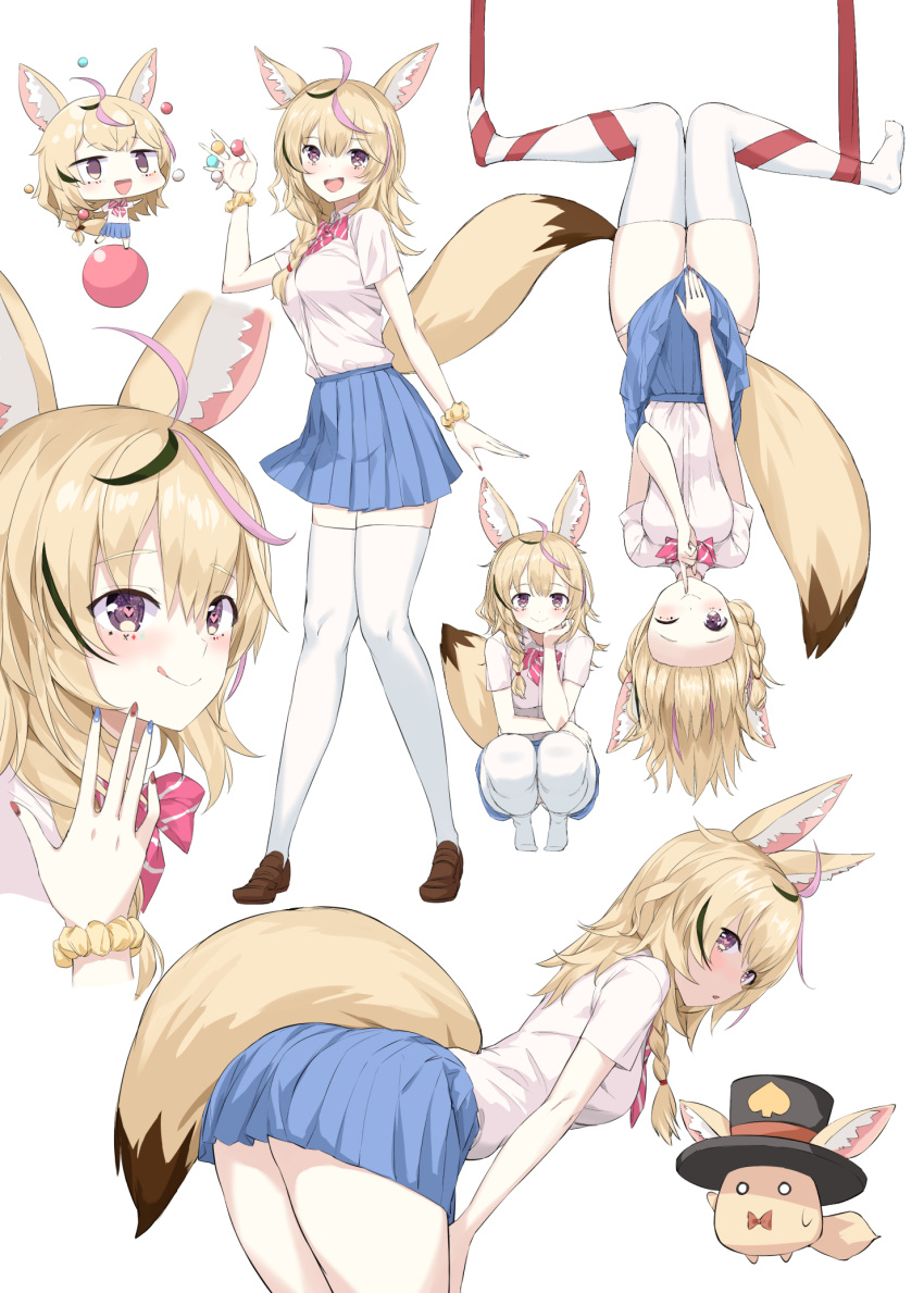 1girl :o animal_ears bangs bent_over blonde_hair blush bow bowtie collared_shirt crystal_shoujo fennec_fox fox_ears fox_girl fox_tail hair_between_eyes head heart heart-shaped_eyes highres hololive long_hair looking_at_viewer miniskirt nail_polish omaru_polka one_eye_closed open_mouth panty_straps school_uniform shirt simple_background skirt skirt_hold smile squatting standing tail thighhighs thighs tongue tongue_out upside-down virtual_youtuber waving zain_(omaru_polka)