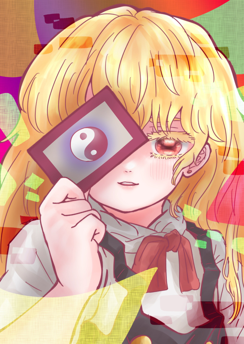 100th_black_market 1girl absurdres bangs black_vest blonde_hair blush bow bowtie card commentary glitch highres holding holding_card kazamichisha kirisame_marisa long_hair looking_at_viewer no_hat no_headwear one_eye_covered open_mouth parted_lips red_bow red_bowtie red_eyes shirt solo touhou upper_body vest white_shirt