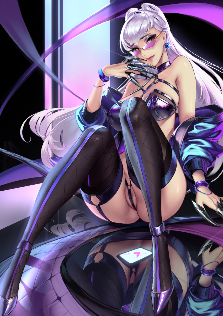 1girl absurdres alternate_costume blue_jacket breasts cian_yo closed_mouth earrings evelynn_(league_of_legends) glasses highres huge_breasts jacket jewelry league_of_legends looking_at_viewer non-web_source open_clothes open_jacket the_baddest_evelynn thighhighs