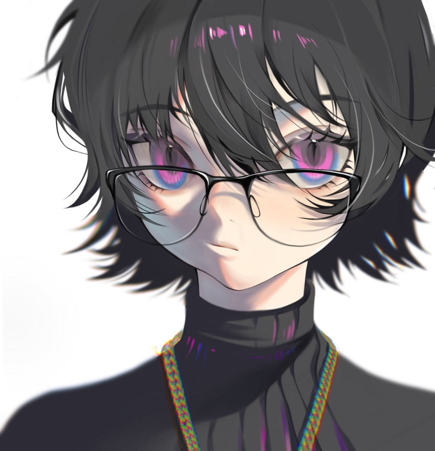 1girl bangs black-framed_eyewear black_hair black_sweater blue_eyes chain closed_mouth eyelashes feitian5575 frown glasses hair_between_eyes highres hunter_x_hunter jewelry looking_at_viewer multicolored_eyes necklace portrait purple_eyes shizuku_(hunter_x_hunter) short_hair simple_background solo sweater turtleneck turtleneck_sweater white_background