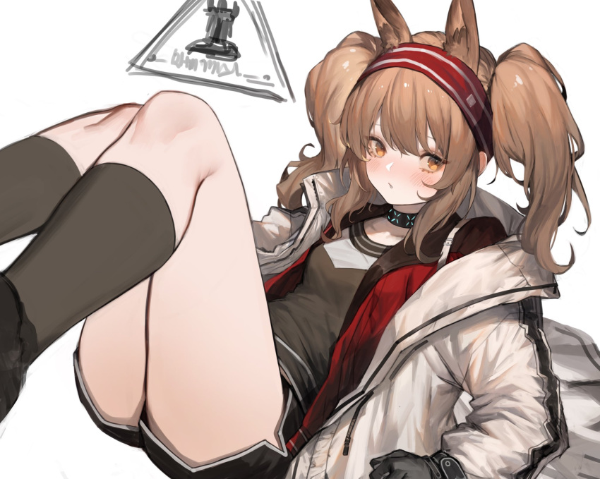 1girl :o angelina_(arknights) animal_ears arknights bangs black_gloves black_shirt black_shorts black_socks blush brown_eyes brown_hair commentary_request extra_ears feet_out_of_frame fox_ears fox_girl gloves hairband heoningu highres infection_monitor_(arknights) jacket kneehighs korean_commentary legs legs_up long_hair long_sleeves looking_at_viewer multicolored_clothes multicolored_jacket open_clothes open_jacket parted_lips red_hairband red_jacket rhodes_island_logo shirt shorts socks solo strap striped striped_hairband twintails white_background white_jacket