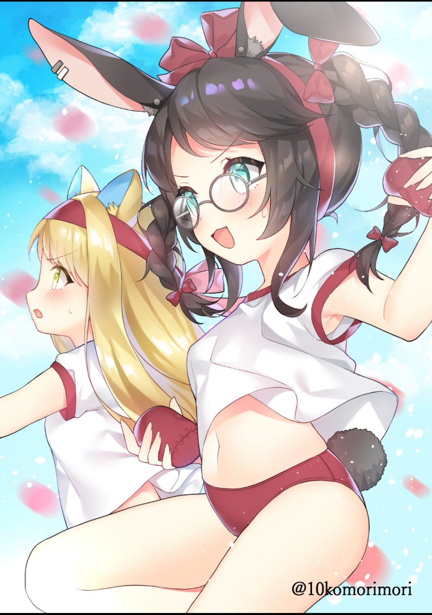 2girls animal_ears aqua_eyes ball_toss black_hair blonde_hair braid buruma child glasses highres juugou_taki long_hair multiple_girls navel open_mouth original outdoors red_buruma school_uniform shirt sports_festival tail twin_braids twintails white_shirt yellow_eyes