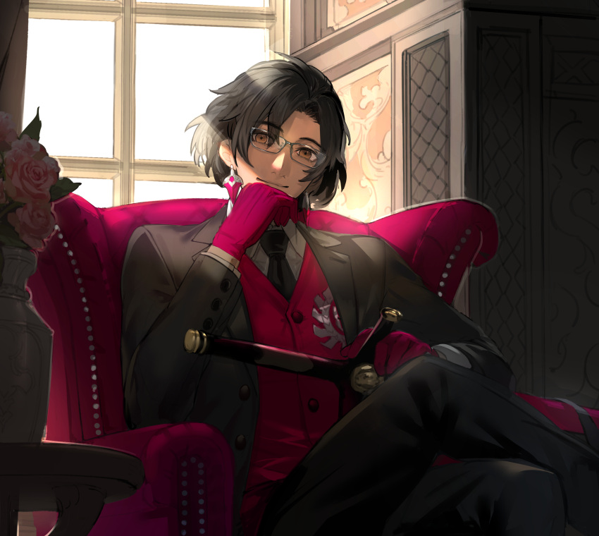 1boy absurdres armchair backlighting bangs black_hair black_jacket black_necktie black_pants brown_eyes chair closed_mouth collared_shirt commentary_request constantine_xi_(fate) crossed_legs curtained_hair earrings fate/grand_order fate_(series) feet_out_of_frame flower formal glasses gloves hand_up highres holding holding_sword holding_weapon jacket jewelry looking_at_viewer male_focus necktie on_chair open_clothes open_jacket pants parted_bangs pink_flower pink_rose ragu_(ragu00) red_gloves red_vest revision rose sheath sheathed shirt sitting smile solo suit sword vase vest weapon white_shirt window