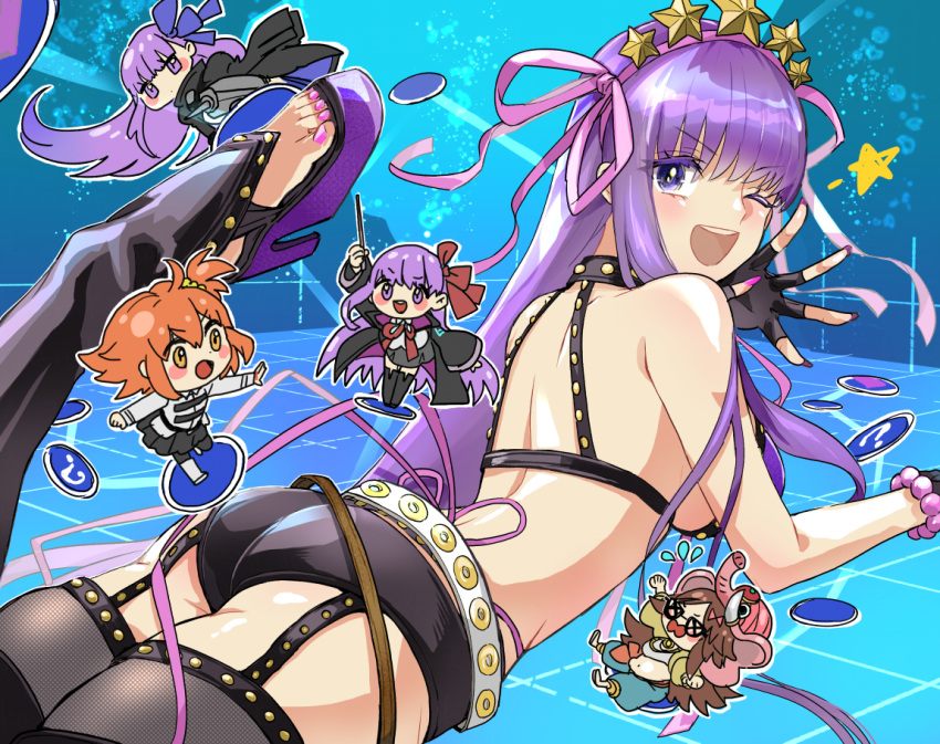 5girls ass back bangs bare_shoulders bb_(fate) bb_(fate/extra) bb_(swimsuit_mooncancer)_(fate) bb_(swimsuit_mooncancer)_(second_ascension)_(fate) bead_bracelet beads belt bikini black_garter_belt black_gloves black_shorts black_thighhighs blush bracelet breasts brown_hair chaldea_uniform chibi dual_persona elephant_hat fate/extra fate/extra_ccc fate/grand_order fate_(series) fingerless_gloves fujimaru_ritsuka_(female) ganesha_(fate) glasses gloves hair_ornament hair_ribbon hairband high_heels indian_clothes jewelry jinako_carigiri large_breasts long_hair looking_at_viewer looking_back loose_belt lying meltryllis_(fate) micro_shorts multiple_girls neck_ribbon on_stomach orange_hair platform_footwear purple_bikini purple_eyes purple_hair ribbon shorts star_(symbol) star_hair_ornament studded_garter_belt swimsuit tekuteku_aruko thighhighs thighs toes very_long_hair wand white_belt