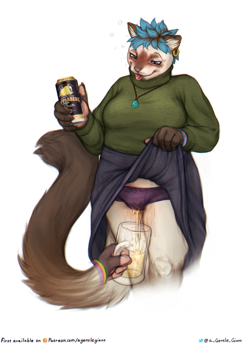 absurd_res anthro beer_glass blue_eyes blue_hair blush blush_lines bodily_fluids bottomwear breasts brown_body brown_fur bubble chubby_anthro chubby_female cider clothed clothed_anthro clothing clothing_lift container cup domestic_cat drinking_glass drunk drunk_bubble felid feline felis female fur genital_fluids glass glass_container glass_cup gynomorph hair hermia_idril hi_res intersex mammal panties peeing peeing_through_panties plantigrade raised_bottomwear raised_clothing raised_skirt siamese simple_background skirt skirt_lift slightly_chubby solo substance_intoxication the_gentle_giant tongue tongue_out trans_(lore) trans_woman_(lore) underwear urine watersports wetting wetting_panties white_background white_body white_fur