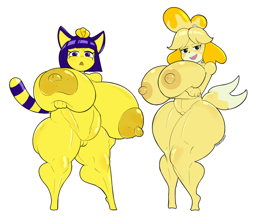 absurd_res animal_crossing ankha_(animal_crossing) anthro areola arm_under_breast arms_bent arms_in_front arms_together arms_under_breasts bedroom_eyes big_areola big_breasts big_nipples black_eyes blonde_hair blue_eyes blue_hair breasts canid canine canis crossed_arms domestic_cat domestic_dog duo felid feline felis female genitals hair hand_on_breast hi_res holding_breast huge_breasts isabelle_(animal_crossing) looking_at_viewer mammal narrowed_eyes nintendo nipples nude open_mouth open_smile pussy raised_breast seductive shih_tzu simple_background smile tan_areola tan_nipples tasteofchoklit thick_thighs toy_dog video_games yellow_areola yellow_body yellow_nipples