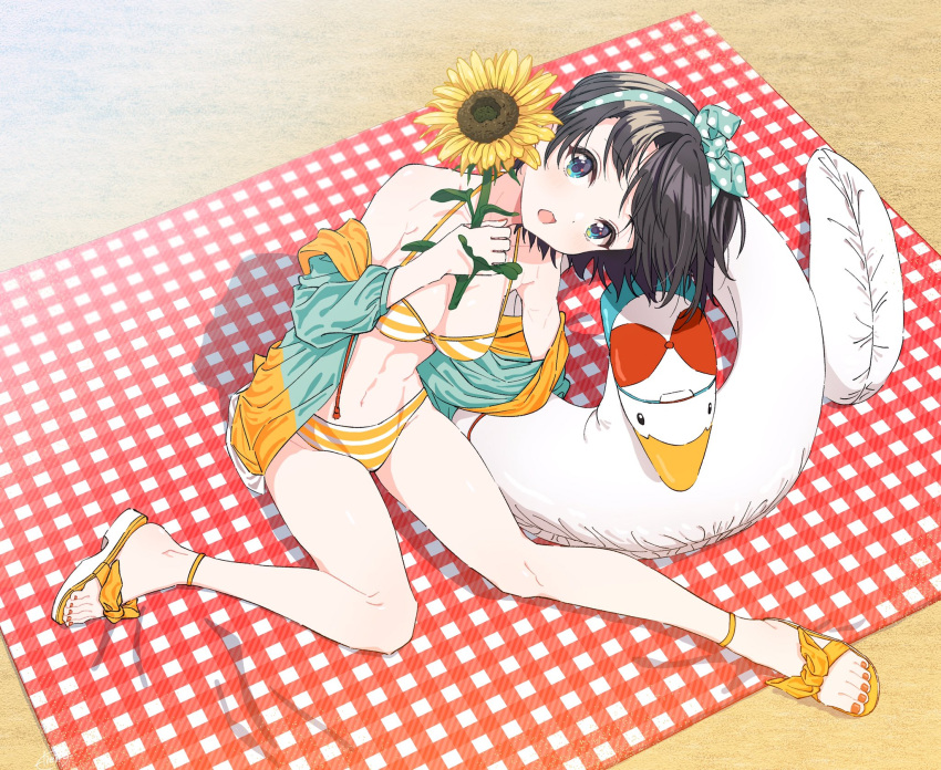 1girl aqua_eyes bangs beach_towel bikini black_hair blush breasts collarbone commentary_request feet flower from_above green_hairband hairband head_tilt highres holding hololive innertube jacket jacket_over_swimsuit leaning_to_the_side legs looking_at_viewer medium_breasts nail_polish navel off_shoulder official_alternate_costume oozora_subaru open_mouth orange_nails plaid_towel sandals shadow shiny shiny_hair short_hair sidelocks sitting solo stomach striped striped_swimsuit sunflower swept_bangs swimsuit thighs tlie_ilt toenail_polish toenails toes towel virtual_youtuber yellow_swimsuit