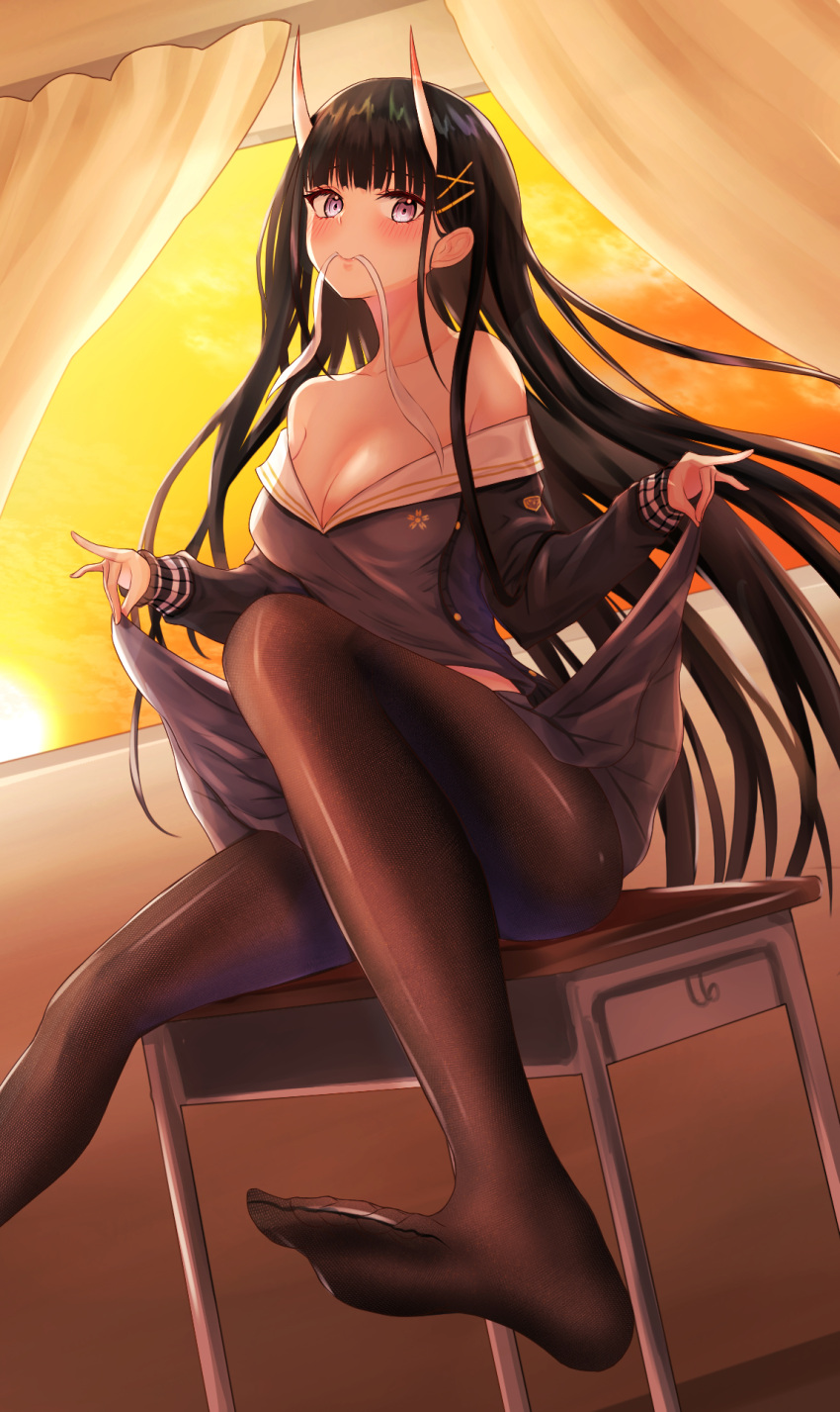 1girl azur_lane bangs bare_shoulders black_hair black_pantyhose black_skirt blunt_bangs blush breasts cleavage closed_mouth collarbone commentary constricted_pupils curtains desk feet fox_shadow_puppet frilled_skirt frills full_body hair_ornament hair_tie_in_mouth highres horns indoors lifted_by_self long_hair long_sleeves looking_at_viewer medium_breasts mouth_hold no_shoes noshiro_(azur_lane) off-shoulder_shirt off_shoulder on_desk oni oni_horns pantyhose purple_eyes school_desk school_uniform shihaku_rare shirt sitting sitting_on_desk skirt smile soles solo uniform window x_hair_ornament