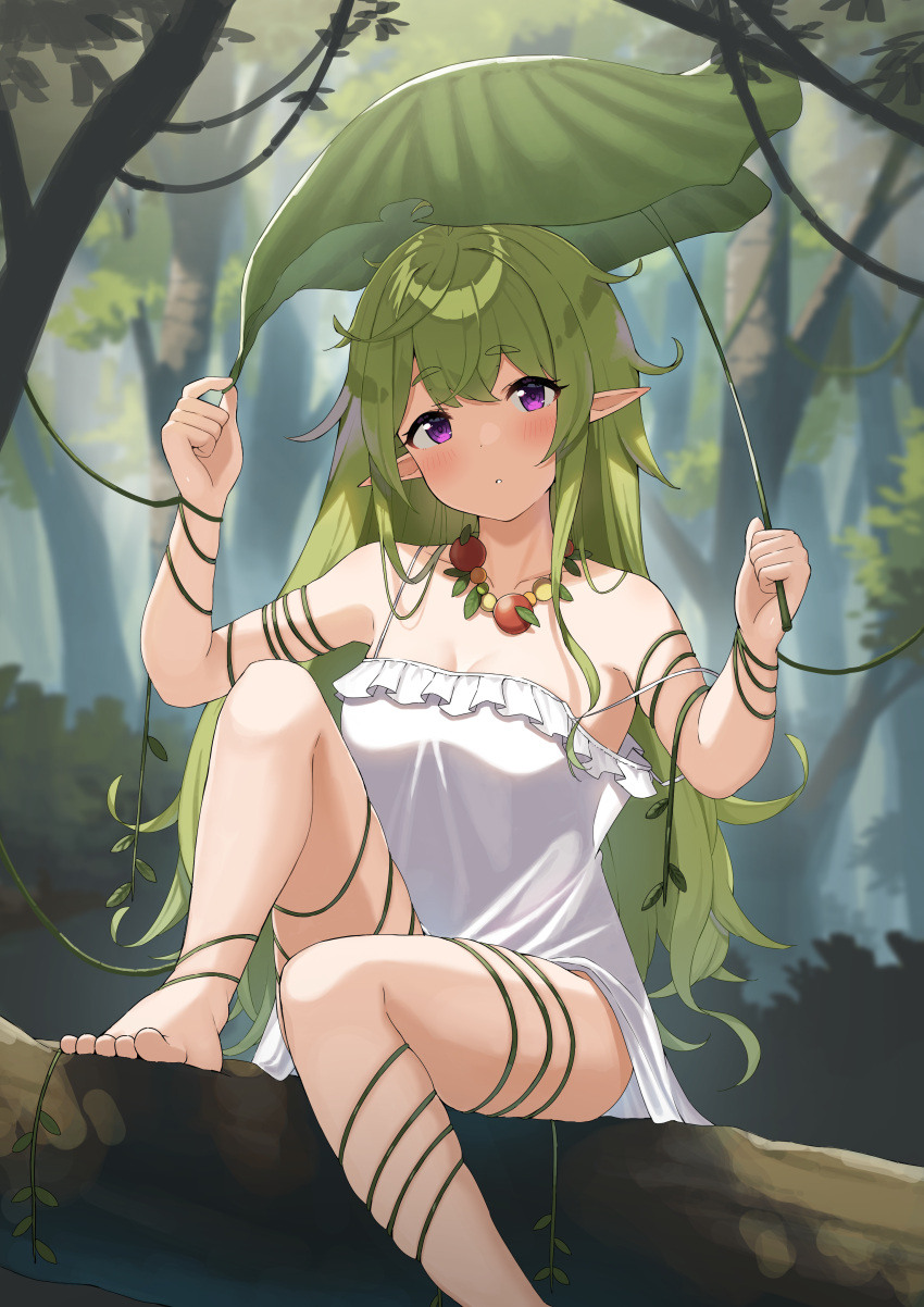 1girl absurdres barefoot branch breasts cleavage dress elf entangled forest frilled_dress frills giant_leaf green_hair highres holding holding_leaf in_tree jewelry leaf long_hair messy_hair nature necklace original plant pointy_ears purple_eyes short_dress sitting sitting_in_tree skindentation small_breasts solo spaghetti_strap tree very_long_hair vines wanimaru white_dress