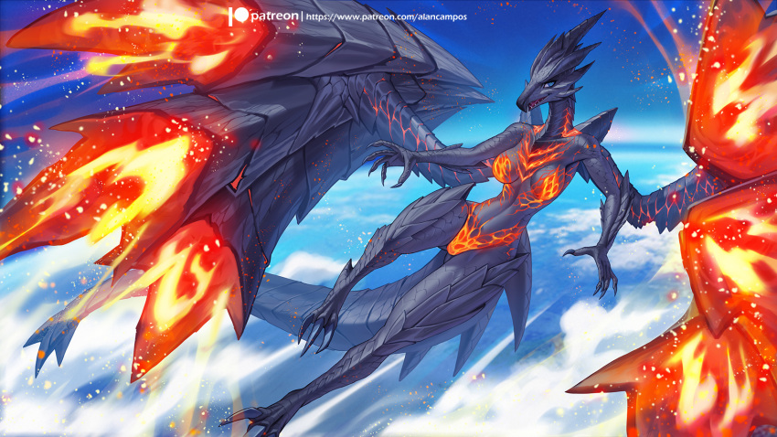 2022 alanscampos anthro blue_eyes breasts capcom claws digital_media_(artwork) elder_dragon female fire flying hi_res monster_hunter nude open_mouth pupils scales sharp_teeth sky slit_pupils solo teeth valstrax video_games wings