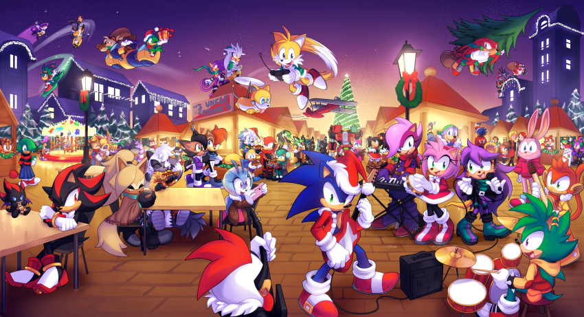 6+boys 6+girls absurdres amy_rose avatar_(sonic_forces) bean_the_dynamite big_the_cat blaze_the_cat building bunnie_rabbot chao_(sonic) charles_the_hedgehog christmas christmas_ornaments christmas_tree drawloverlala drum drumsticks e-123_omega espio_the_chameleon flying guitar hat highres honey_the_cat infinite_(sonic) instrument jacket jewel_the_beetle knuckles_the_echidna lamppost light long_sleeves manic_the_hedgehog mighty_the_armadillo mina_the_hollower multiple_boys multiple_girls multiple_tails nicole_the_holo-lynx night night_sky nights_(character) nights_into_dreams ray_the_flying_squirrel red_footwear robot rooftop rotor_the_walrus rouge_the_bat sally_acorn santa_hat scarf shadow_the_hedgehog shoes silver_the_hedgehog sitting sky sneakers snow socks sonia_the_hedgehog sonic_(series) sonic_forces sonic_man sonic_the_hedgehog sonic_the_hedgehog_(2006) sonic_the_hedgehog_(archie_comics) star_(sky) starry_sky sticks_the_badger t-pup_(sonic) table tail tails_(sonic) tangle_the_lemur two_tails vector_the_crocodile whisper_the_wolf white_socks