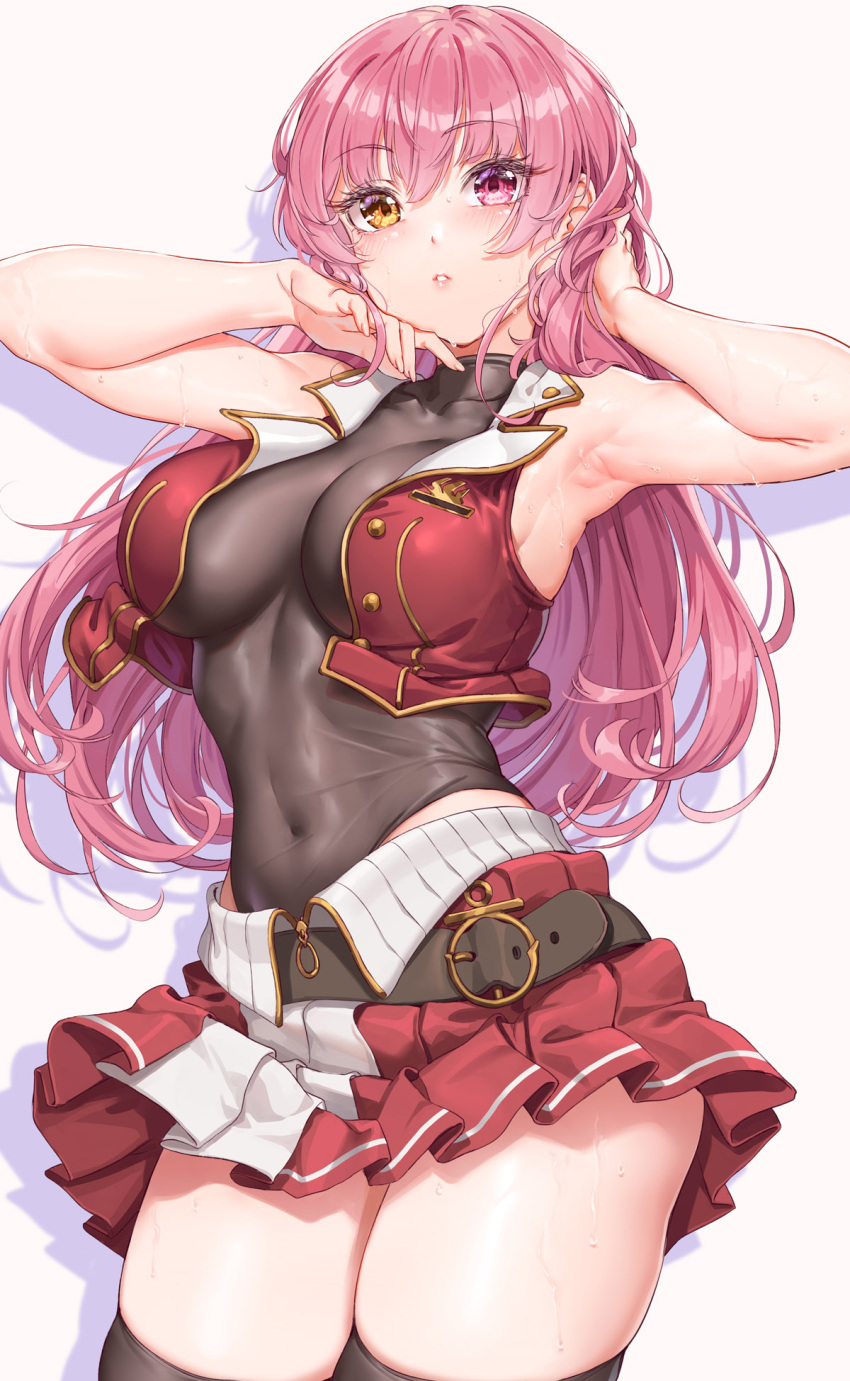 1girl armpits arms_up bare_arms bare_shoulders belt black_leotard black_thighhighs breasts cleavage collarbone covered_navel fangxiang_cuoluan gold_trim heterochromia highres hololive houshou_marine impossible_clothes impossible_leotard large_breasts leotard long_hair looking_at_viewer miniskirt open_clothes open_vest parted_lips pink_hair pleated_skirt red_eyes red_skirt red_vest skindentation skirt solo sweat taut_leotard thighhighs thighs vest virtual_youtuber yellow_eyes zettai_ryouiki