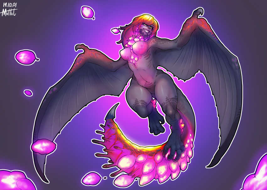 1girl 2019 absurdres artist_name bazelgeuse blonde_hair blue_hair blue_scales claws colored_skin completely_nude dated dragon dragon_girl dragon_tail dragon_wings fangs fireball flying full_body glowing glowing_eyes gradient gradient_background gradient_hair grey_scales grey_skin grin highres looking_at_viewer medium_hair monster_hunter:_world monster_hunter_(series) monster_hunter_world:_iceborne muhut multicolored_hair nude orange_hair outline personification red_hair scales smile solo tail white_outline winged_arms wings wyvern yellow_eyes