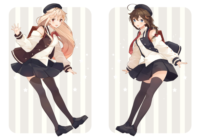 2girls ahoge beret black_footwear black_hair black_ribbon black_skirt black_thighhighs black_vest blonde_hair blue_eyes blush braid buttons cosplay detached_sleeves full_body hair_between_eyes hair_flaps hair_ornament hair_over_shoulder hair_ribbon hairclip hat highres jacket kantai_collection letterman_jacket long_hair matching_outfit multiple_girls necktie official_alternate_costume open_clothes open_mouth open_vest pleated_skirt red_eyes red_necktie ribbon shakemi_(sake_mgmgmg) shigure_(kancolle) shigure_(kancolle)_(cosplay) shigure_kai_ni_(kancolle) shigure_kai_ni_(kancolle)_(cosplay) shoes single_braid skirt smile striped striped_background thighhighs vest yuudachi_(kancolle) yuudachi_kai_ni_(kancolle)