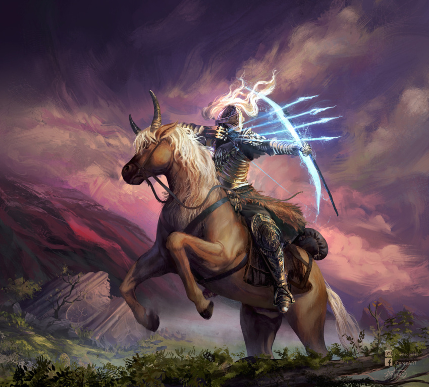 armor arrow_(projectile) artist_name blonde_hair bow_(weapon) cloud drawing_bow elden_ring gauntlets helmet highres holding holding_bow_(weapon) holding_weapon horns horse horseback_archery horseback_riding instagram_username jperez long_hair outdoors reins riding ruins saddle signature tree weapon