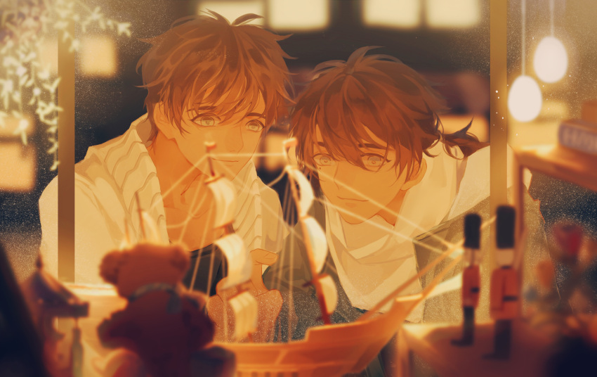 2boys absurdres axis_powers_hetalia blue_eyes blurry book book_stack brown_hair carousel closed_mouth depth_of_field glass green_eyes hand_up highres lamp light_particles male_focus model model_ship mole mole_under_eye multiple_boys night ny_iei plant pointing portugal_(hetalia) scarf ship short_hair spain_(hetalia) storefront stuffed_animal stuffed_toy sweater teddy_bear toy toy_ship toy_soldier turtleneck upper_body vines watercraft white_scarf white_sweater window