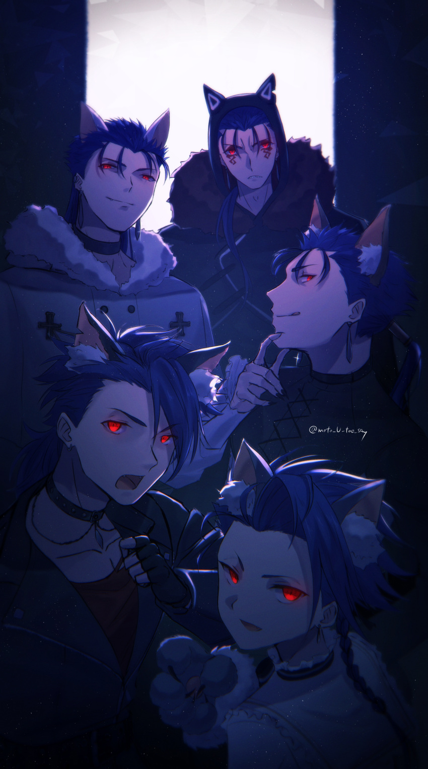 5boys :q absurdres adam's_apple alternate_costume animal_ear_fluff animal_ear_headwear animal_ears animal_hands blue_hair blue_theme braid cat_ears choker collarbone cu_chulainn_(caster)_(fate) cu_chulainn_(fate) cu_chulainn_(fate/prototype) cu_chulainn_(fate/stay_night) cu_chulainn_alter_(fate) dark earclip earrings facial_mark fang fang_out fangs fate/grand_order fate/grand_order_arcade fate/prototype fate/stay_night fate_(series) fingerless_gloves fingernails fomnant frown fur-trimmed_hood fur_trim gloves glowing glowing_eyes hair_over_shoulder hand_on_own_chin highres hood hood_down hood_up hoop_earrings jacket jewelry kemonomimi_mode leather leather_jacket licking_lips long_hair long_sleeves looking_at_viewer looking_back low_ponytail male_focus multiple_boys notched_ear open_mouth paw_gloves ponytail red_eyes setanta_(fate) sharp_fingernails sharp_teeth single_sidelock smile smirk spiked_hair teeth tongue tongue_out twitter_username upper_body