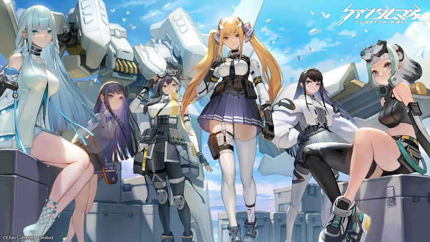 6+girls blue_eyes blue_eyeshadow blue_skirt breasts cassandra_(quantum_maki) collared_shirt eyeshadow flower_(quantum_maki) green_eyes grey_eyes grey_hair grey_skirt hand_on_hip highres jacket leaning_forward logo long_hair makeup mecha medium_breasts multicolored_hair multiple_girls niya_(quantum_maki) official_art quantum_maki red_eyes robot science_fiction shirt skirt smile streaked_hair takayama_toshiaki thighhighs tilia_(quantum_maki) twintails walking white_jacket white_shirt white_thighhighs