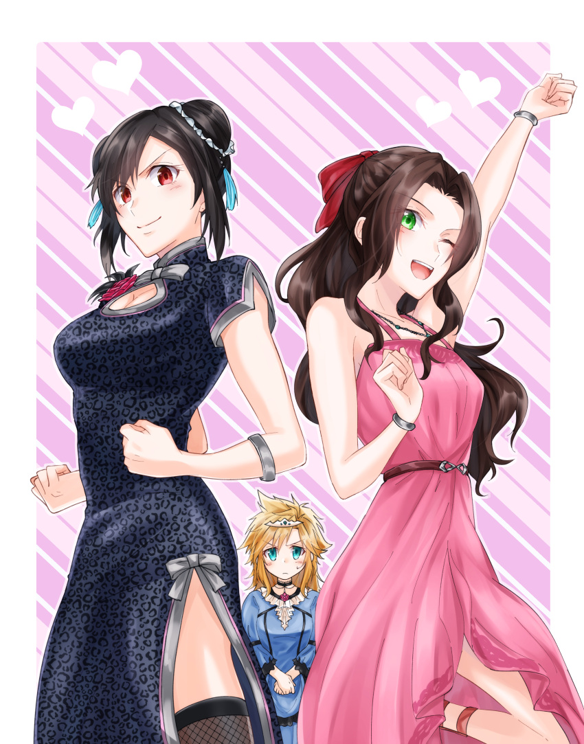 1boy 2girls absurdres aerith_gainsborough animal_print arm_up bare_shoulders black_hair blonde_hair blue_eyes blush bracelet breasts brown_hair china_dress chinese_clothes cleavage_cutout clenched_hands clothing_cutout cloud_strife crossdressing double_bun dress final_fantasy final_fantasy_vii final_fantasy_vii_remake green_eyes hair_bun highres jewelry large_breasts leopard_print long_hair looking_at_another medium_breasts mizuamememe multiple_girls official_alternate_costume official_alternate_hairstyle pink_dress red_eyes sleeveless sleeveless_dress thighhighs tifa_lockhart tifa_lockhart's_sporty_dress