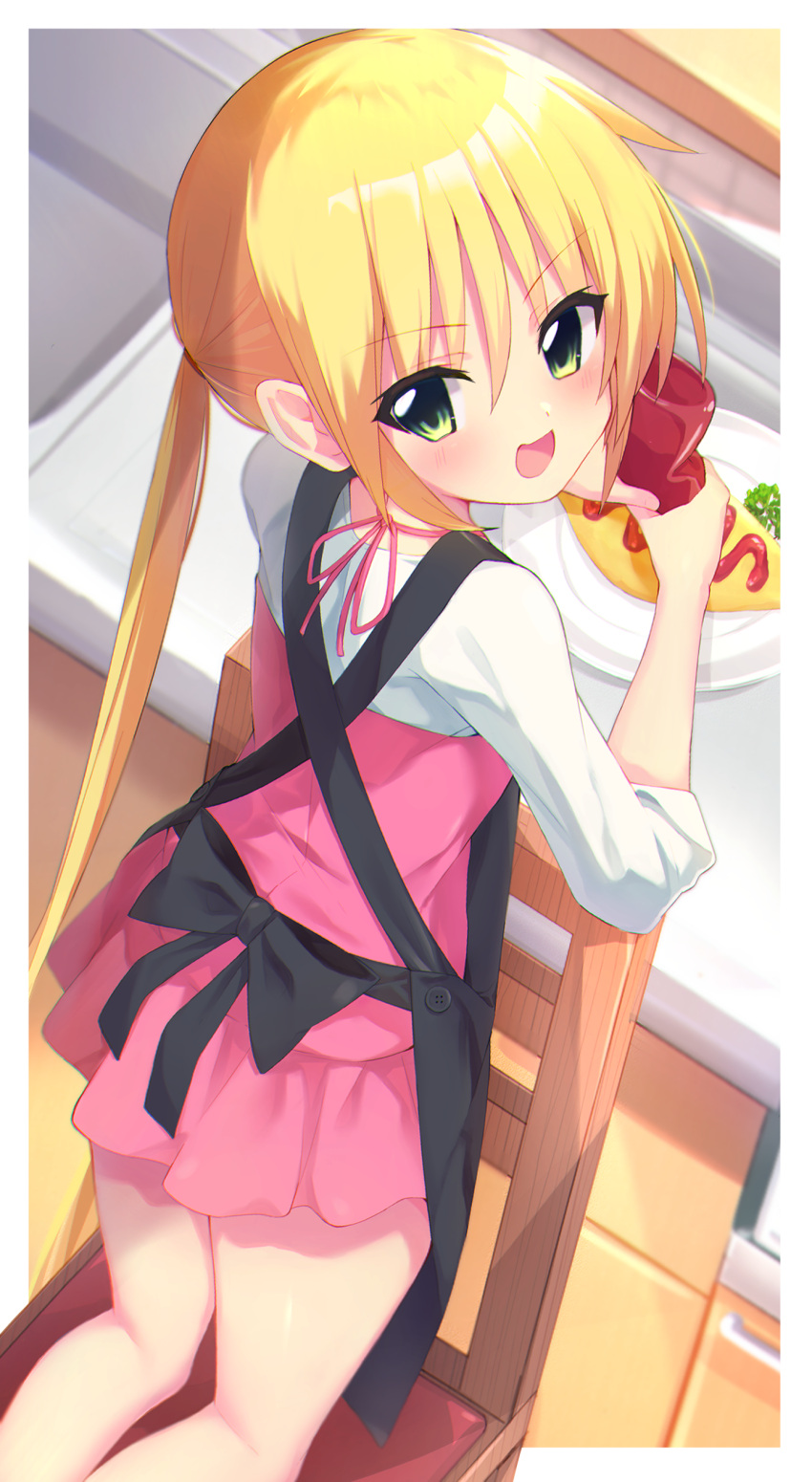 1girl absurdres chair commentary_request commission dress food from_behind green_eyes hayate_no_gotoku! highres ketchup kneeling long_hair looking_at_viewer looking_back low_twintails nasunegiuni omurice pink_dress sanzen'in_nagi shirt skeb_commission solo translation_request twintails white_shirt
