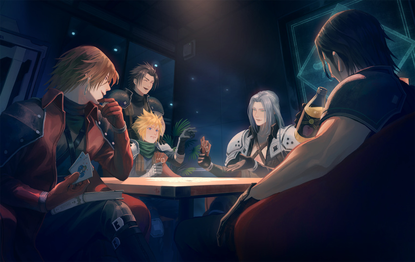5boys angeal_hewley apple_juice aqua_eyes armor black_gloves black_hair black_jacket black_pants blonde_hair blue_eyes blue_shirt book book_on_lap bottle brown_hair card chair chest_strap closed_eyes cloud_strife crisis_core_final_fantasy_vii crossed_legs drinking earrings final_fantasy final_fantasy_vii genesis_rhapsodos gloves green_scarf grey_hair hair_between_eyes hand_to_own_face hands_on_another's_shoulders highres ho_fan holding holding_bottle holding_card indoors jacket jewelry knee_pads long_hair long_sleeves looking_at_another lower_teeth male_focus medium_hair multiple_boys open_mouth outstretched_hand pants parted_lips playing_card poker_table red_gloves red_jacket scarf sephiroth shirt short_hair shoulder_armor sitting sleeveless sleeveless_turtleneck sleeves_rolled_up smile spiked_hair standing suspenders teeth turtleneck wavy_mouth zack_fair