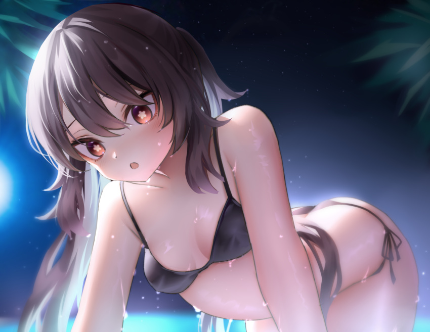 1girl :o all_fours arched_back bikini black_bikini breasts brown_hair flower-shaped_pupils genshin_impact highres hu_tao_(genshin_impact) long_hair neit_ni_sei night night_sky red_eyes side-tie_bikini sky small_breasts solo swimsuit symbol-shaped_pupils twintails wet wet_hair