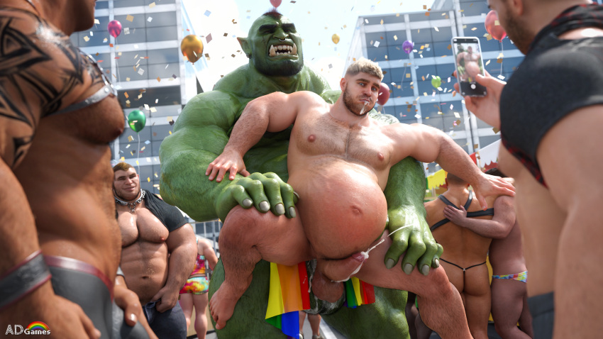 16:9 3d_(artwork) abdominal_bulge ad-games anal anal_penetration belly_inflation bodily_fluids cum digital_media_(artwork) flag genital_fluids genitals green_body green_skin group hi_res holding_flag holding_object human humanoid inflation leaking_cum lgbt_history_month lgbt_pride male male/male mammal nipples orc penetration penis phone phone_screen pride_color_flag pride_colors rainbow rainbow_arch rainbow_pride_colors six-stripe_rainbow_pride_colors vein veiny_muscles wearing_flag widescreen