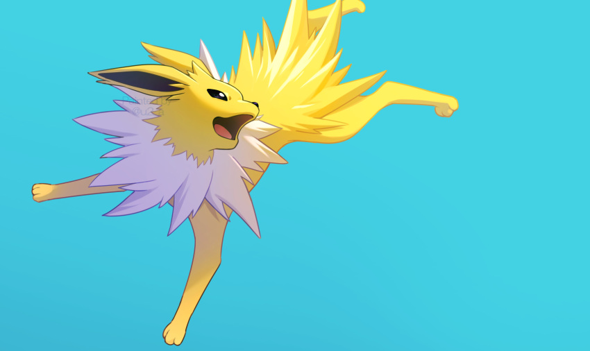 abiko_yuuji animal_focus blue_background commentary_request highres jolteon looking_back no_humans open_mouth pokemon pokemon_(creature) solo tongue watermark yellow_fur