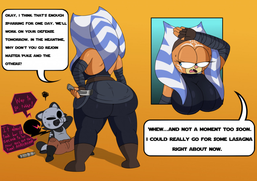 ahsoka_tano anthro big_breasts big_butt bodily_fluids breasts butt defeated domestic_cat duo english_text felid feline felis female garfield_(series) garfield_the_cat mad_(series) male mammal pizzabro speech_bubble star_wars student sudoku_(mad) sweat text