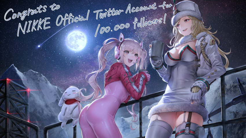 2girls absurdres alice_(goddess_of_victory:_nikke) ass bangs blonde_hair bodysuit breasts character_request cleavage copyright_name cropped_jacket cup dress fingerless_gloves full_moon fur_hat fur_trim garter_straps gloves goddess_of_victory:_nikke hair_ornament hat headphones highres holding holding_cup jacket lips long_hair long_sleeves ludmilla_(goddess_of_victory:_nikke) medium_breasts moon mountain mug mugetsu2501 multiple_girls night night_sky official_art open_mouth parted_lips pink_bodysuit pink_hair red_eyes shiny shiny_clothes shiny_hair shooting_star short_dress simple_background skin_tight sky smile star_(sky) thighhighs twintails ushanka zettai_ryouiki