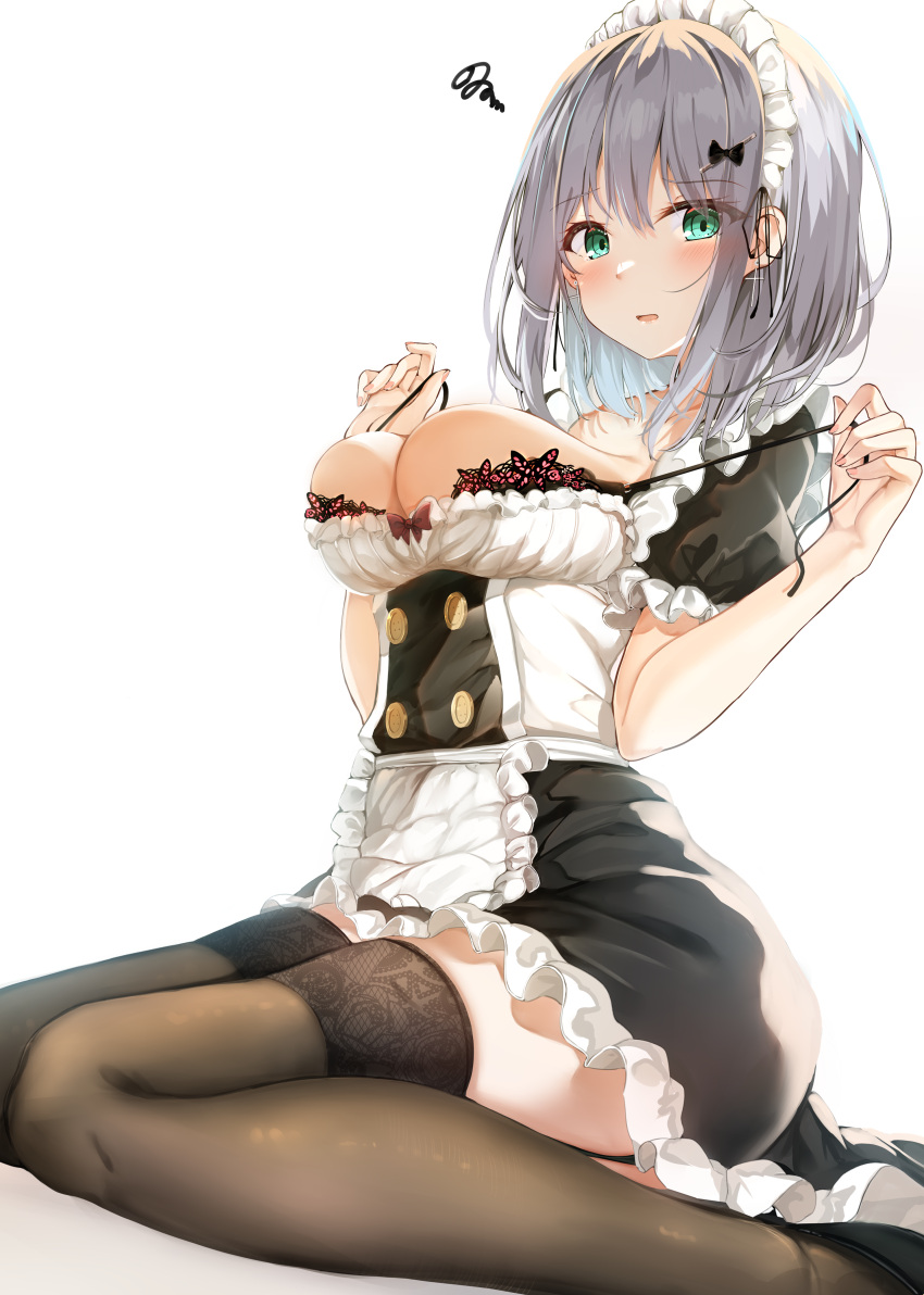 1girl absurdres apron bangs black_bow black_footwear black_thighhighs blush bow breasts frilled_apron frills green_eyes grey_hair hair_bow hair_ornament highres hiragi_ringo kneeling large_breasts long_hair looking_at_viewer maid maid_apron maid_headdress original parted_lips solo thighhighs underwear white_background