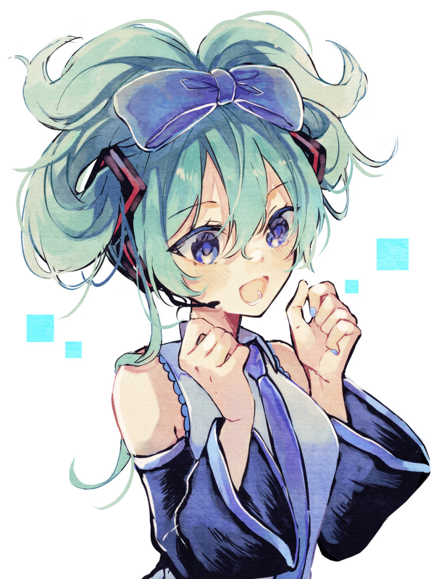 1girl :d bangs bare_shoulders blue_bow blue_eyes blue_nails blue_necktie blue_sleeves blush bow cinnamiku collared_shirt commentary_request detached_sleeves green_hair grey_shirt hair_between_eyes hair_bow hatsune_miku highres long_sleeves nail_polish naoton necktie shirt simple_background sleeveless sleeveless_shirt smile solo upper_body vocaloid white_background wide_sleeves