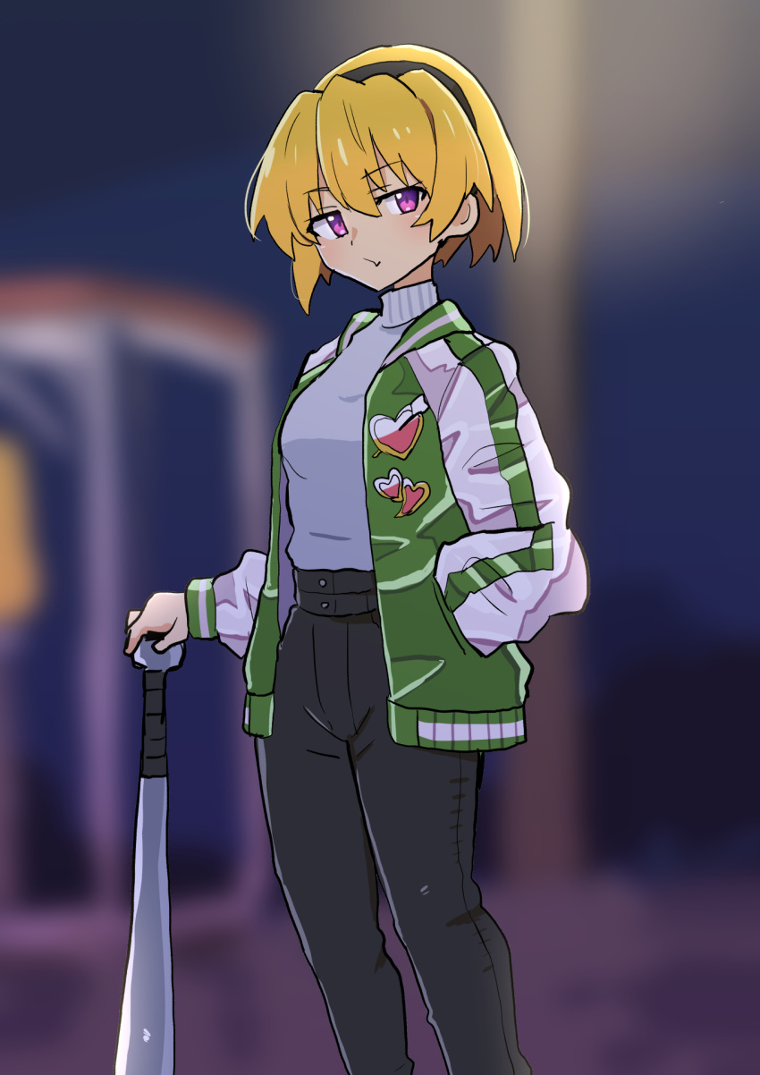 1girl baseball_bat black_hairband black_pants blonde_hair commentary_request green_jacket hairband hand_in_pocket heart highres higurashi_no_naku_koro_ni houjou_satoko jacket letterman_jacket long28 night open_clothes open_jacket pants purple_eyes shirt_tucked_in short_hair solo sweater turtleneck turtleneck_sweater