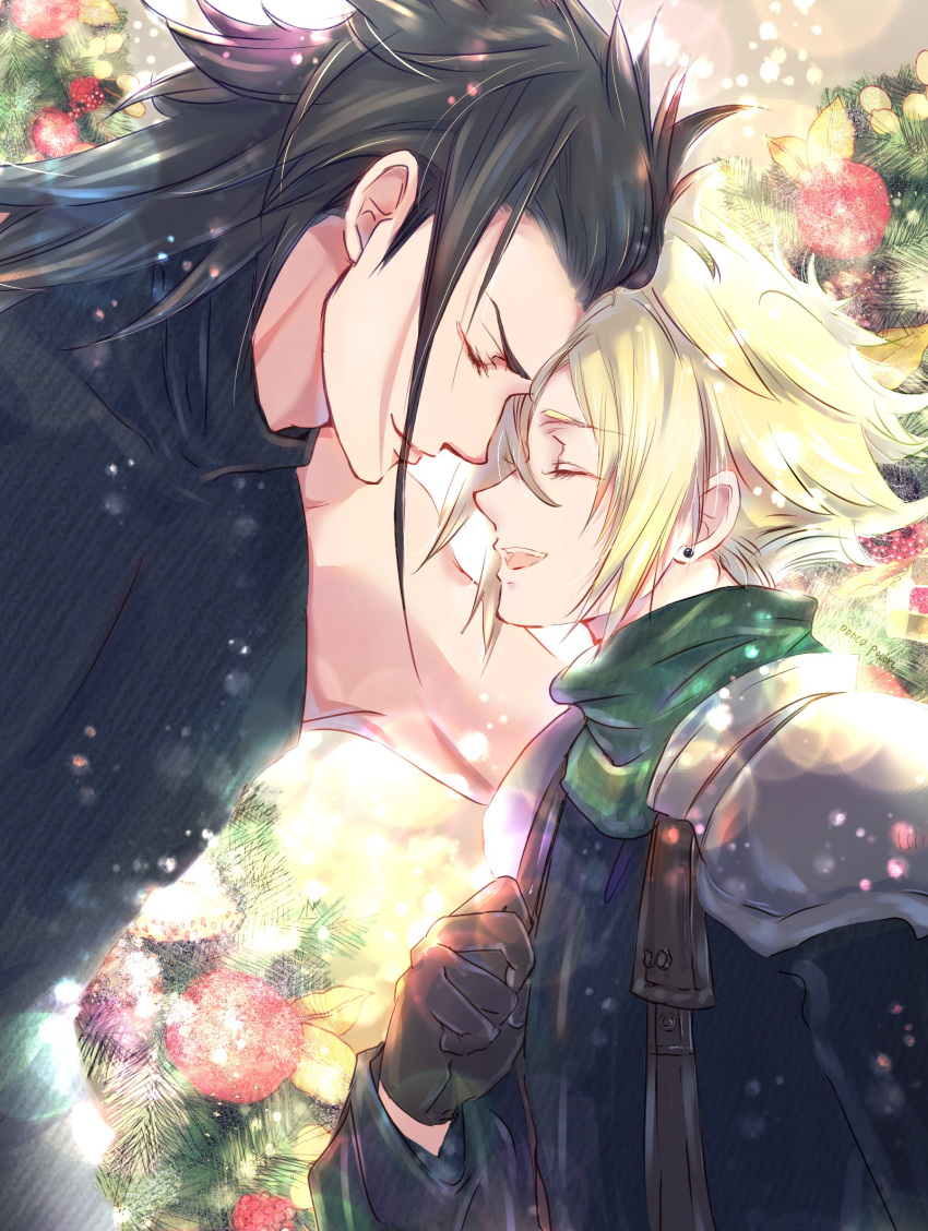 2boys arm_around_shoulder armor black_hair blonde_hair blue_shirt brown_gloves christmas closed_eyes cloud_strife crisis_core_final_fantasy_vii earrings final_fantasy final_fantasy_vii forehead-to-forehead gloves green_scarf hair_between_eyes hair_slicked_back heads_together highres jewelry long_hair long_sleeves male_focus multiple_boys open_mouth ponco_pacoooon scarf shirt short_hair shoulder_armor single_earring sleeveless sleeveless_turtleneck smile spiked_hair suspenders teeth turtleneck upper_teeth yaoi zack_fair