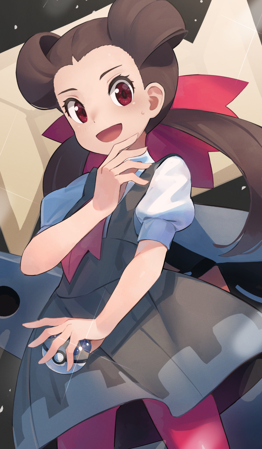 1girl :d black_dress blush brown_hair collared_shirt commentary_request dress forehead heavy_ball highres holding holding_poke_ball long_hair looking_at_viewer monosenbei pantyhose poke_ball pokemon pokemon_(game) pokemon_oras puffy_short_sleeves puffy_sleeves red_eyes roxanne_(pokemon) shirt short_sleeves sleeveless sleeveless_dress smile solo sweat twintails very_long_hair white_shirt