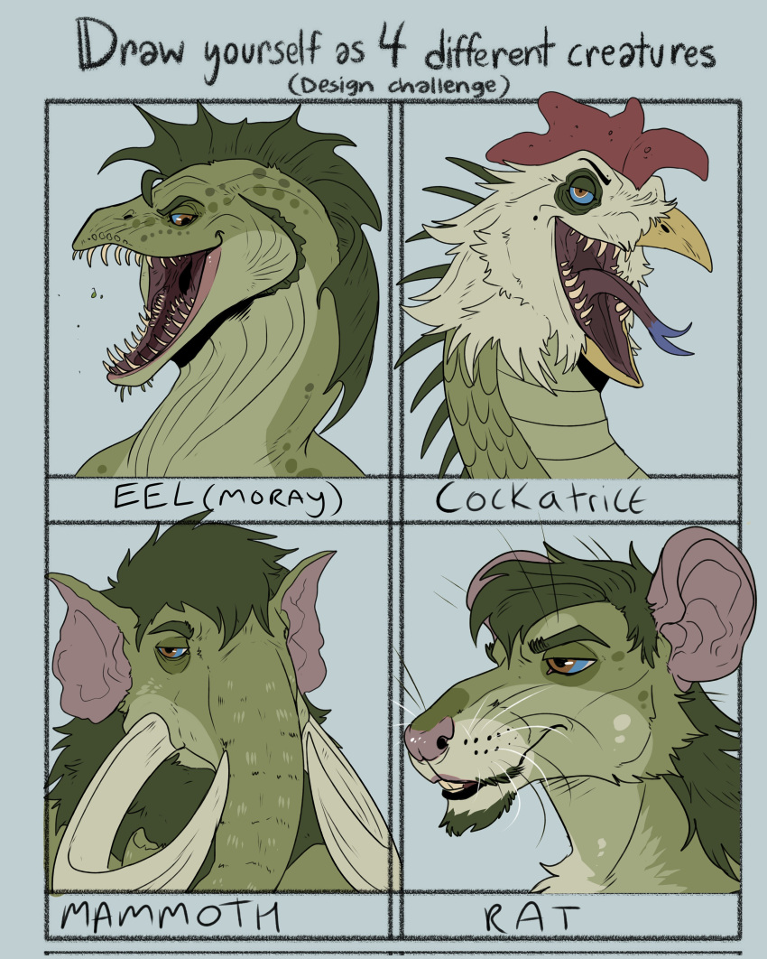absurd_res beak blue_sclera blue_tongue brown_eyes bust_portrait cheek_tuft chest_tuft eel elephantid eyebrows facial_tuft fish front_view green_ears green_eyebrows green_hair hair hi_res imperatorcaesar male mammal mammoth marine messy_hair multiple_images murid murine open_mouth portrait proboscidean rat red_ears red_inner_ear red_nose red_tongue rodent sharp_teeth short_hair side_view solo teeth tongue tongue_out tuft yellow_beak