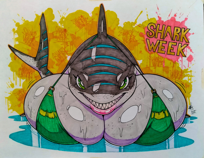 absurd_res big_breasts bra breasts busty_feral clothing discovery_channel female feral fish hi_res looking_at_viewer marine meme shark shark_week sharp_teeth soaked solo teeth traditional_media_(artwork) underwear walter_sache wet