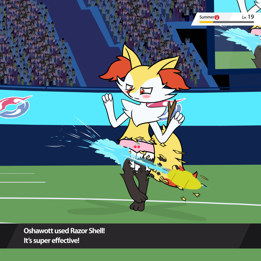 1:1 2022 arena assisted_exposure attack battle_damage biped black_body black_fur blush bottomwear braixen cherry_panties clothing crowd embarrassed english_text female fur gameplay_mechanics group hi_res interface looking_down nintendo panties pattern_bottomwear pattern_clothing pattern_panties pattern_underwear pazymomo pink_clothing pink_panties pink_underwear pok&eacute;mon pok&eacute;mon_(species) polka_dot_panties pseudo_clothing_removed public public_exposure raised_arms razor_shell_(move) red_eyes solo standing summer_(pazymomo) text torn_pseudo_clothing underwear video_games white_body white_fur yellow_body yellow_fur