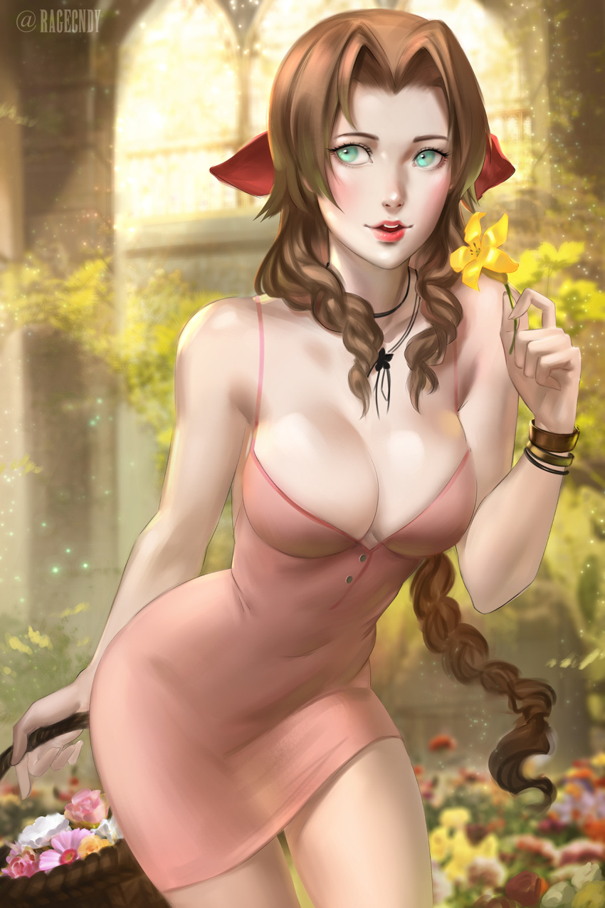 1girl aerith_gainsborough bangle bare_shoulders blush bracelet braid braided_ponytail breasts choker church cleavage dress final_fantasy final_fantasy_vii final_fantasy_vii_remake flower flower_basket flower_bed flower_choker green_eyes hair_ribbon highres holding holding_flower jewelry long_hair medium_breasts parted_lips pink_dress pink_flower pink_ribbon ragecndy ribbon short_dress sidelocks smile solo spaghetti_strap teeth upper_teeth wavy_hair white_flower yellow_flower