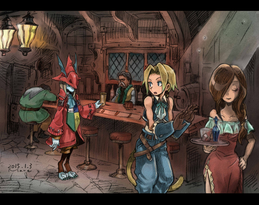 ascot baggy_pants bangs bar bar_stool bare_shoulders bartender belt blonde_hair blue_ascot blue_eyes blue_pants blue_skin blue_vest bottle brown_dress brown_gloves brown_hair burmecian cabinet closed_eyes colored_skin counter cuffs dress facial_hair final_fantasy final_fantasy_ix following freija_crescent full_body gaiters glass gloves grey_hair hair_over_one_eye hand_on_hip hat highres holding holding_plate indoors jacket lantern long_hair long_sleeves looking_at_another looking_back low-tied_long_hair mare_(pixiv) monkey_tail multiple_boys multiple_girls mustache neck_ribbon open_mouth orange_pants pants parted_bangs plate red_headwear red_jacket ribbon shirt short_hair side_slit sitting sleeveless sleeveless_shirt smile standing stool tail tavern upper_body vest waitress white_shirt wide_sleeves winged_hat zidane_tribal