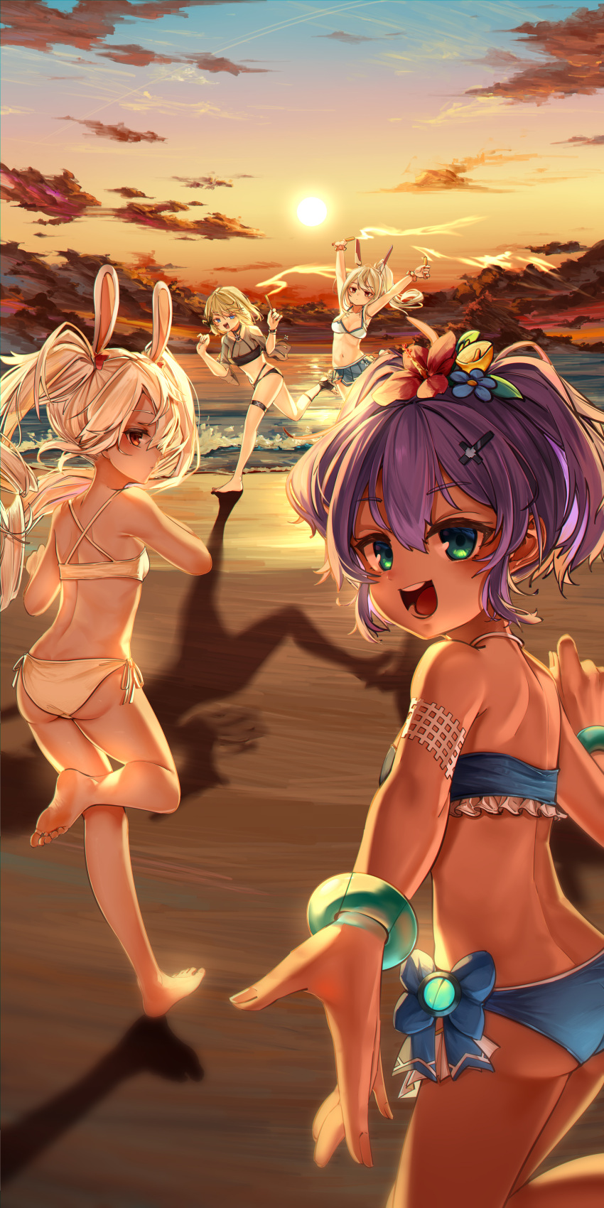 4girls :d absurdres alternate_costume animal_ears armpits arms_up ayanami_(azur_lane) azur_lane bangs bare_shoulders bikini bikini_top_only blue_bikini blue_eyes bracelet breasts brown_eyes cleavage cloud cloudy_sky collarbone commentary_request fake_animal_ears flare flower from_behind green_eyes grey_hair hair_between_eyes hair_flower hair_ornament hair_ribbon hairclip headgear highres holding javelin_(azur_lane) javelin_(beach_picnic!)_(azur_lane) jewelry jumping laffey_(azur_lane) long_hair looking_at_viewer multiple_girls navel official_alternate_costume orange_eyes ponytail purple_hair rabbit_ears reaching_out red_eyes retrofit_(azur_lane) ribbon running short_hair side-tie_bikini sidelocks sky smile spaghetti_strap stomach sun swimsuit tansaninryousui twilight twintails white_bikini white_hair z23_(azur_lane) z23_(breezy_doubles)_(azur_lane)