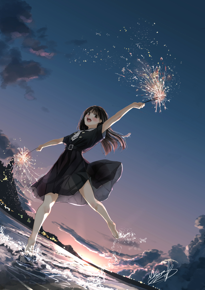 1girl black_shirt black_skirt blue_sky brown_eyes brown_hair building cloud commentary_request dark dutch_angle fireworks gradient gradient_background highres leg_up long_hair looking_away looking_to_the_side nature necktie open_mouth original outstretched_arms shallow_water shirt short_sleeves skirt sky smile solo soragane_(banisinngurei) sparkler splashing straight_hair sunset wading water white_necktie
