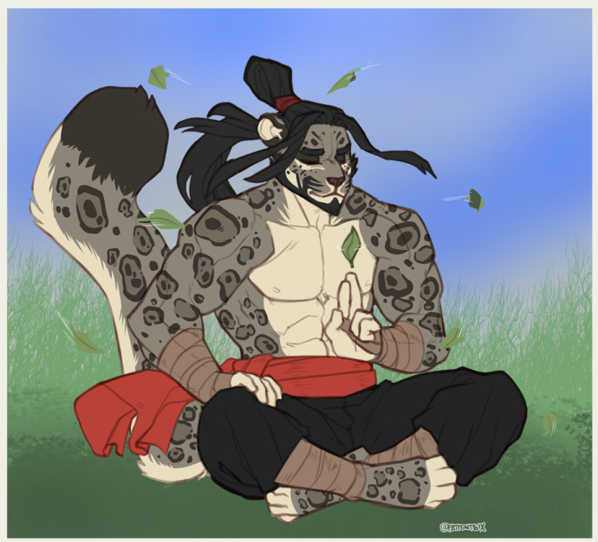 2022 4_toes 5_fingers abs anthro black_hair clothed clothing day detailed_background digital_media_(artwork) faint feet fingers grass hair male outside plant shirtless sitting sky solo toes