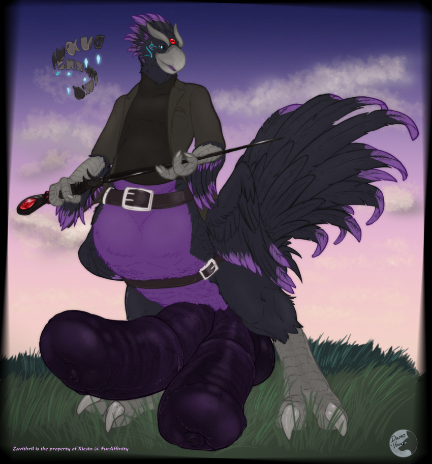 2022 2_penises avian avian_taur beak big_penis biped biped_taur black_body black_feathers blue_eyes blue_markings bottomless bottomless_taur chocobo chocobo_taur claws clothed clothing cloud detailed_background english_text facial_markings feathered_wings feathers final_fantasy finger_claws genitals grass head_markings hi_res horizontal_diphallism huge_penis jacket looking_at_viewer magic_wand male markings multi_genitalia multi_penis nikkyvix outside penis plant purple_body purple_feathers purple_penis sky solo square_enix standing taur text toe_claws topwear turtleneck video_games wings year