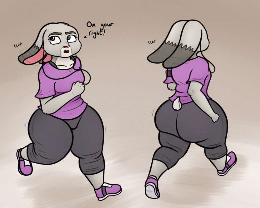 2021 anthro big_butt bottom_heavy bottomwear butt chubby_anthro chubby_female clothed clothing cord dialogue disney female fist footwear front_view jogging judy_hopps lagomorph leporid looking_up mammal multiple_images open_mouth oystercatcher7 pants rabbit rear_view running shirt shoes short_stack slightly_chubby solo sound_effects text thick_thighs topwear wide_eyed zootopia